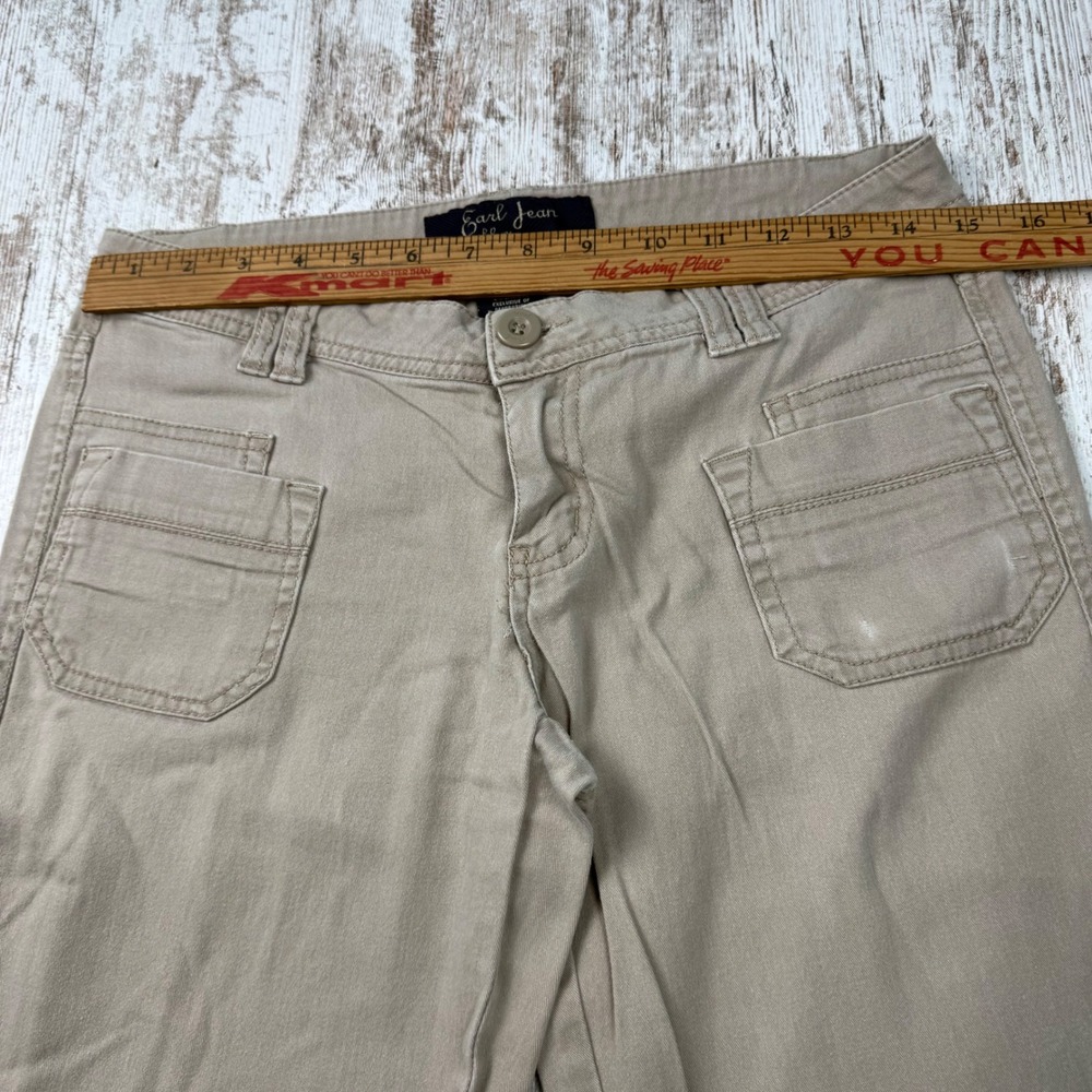 VTG Y2K Earl Jean Khaki Flare Pants Tan Wide Leg Patch Pocket Sz 7 Ultra LowRise - Picture 7 of 11